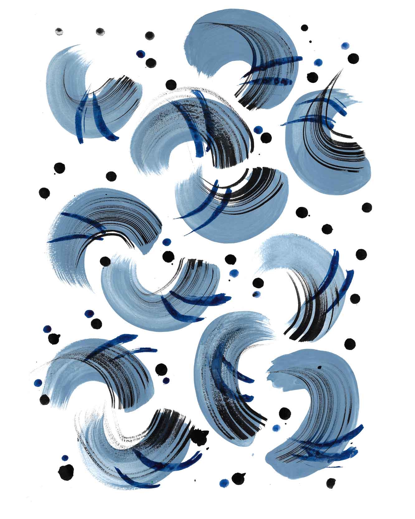 Repeating abstract pattern of dusty blue crescent brushstrokes layered with black ink linework and scattered black and blue dots on a white background, by Caroline Tomlinson