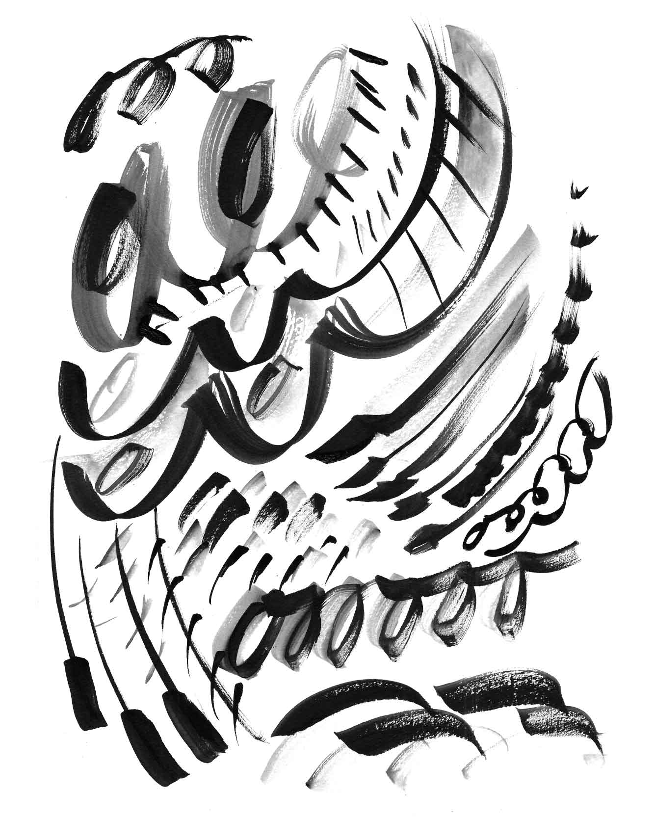 Abstract monochrome ink painting of dense, layered black and grey brushstrokes, loops, and dashes on a white background, by Caroline Tomlinson