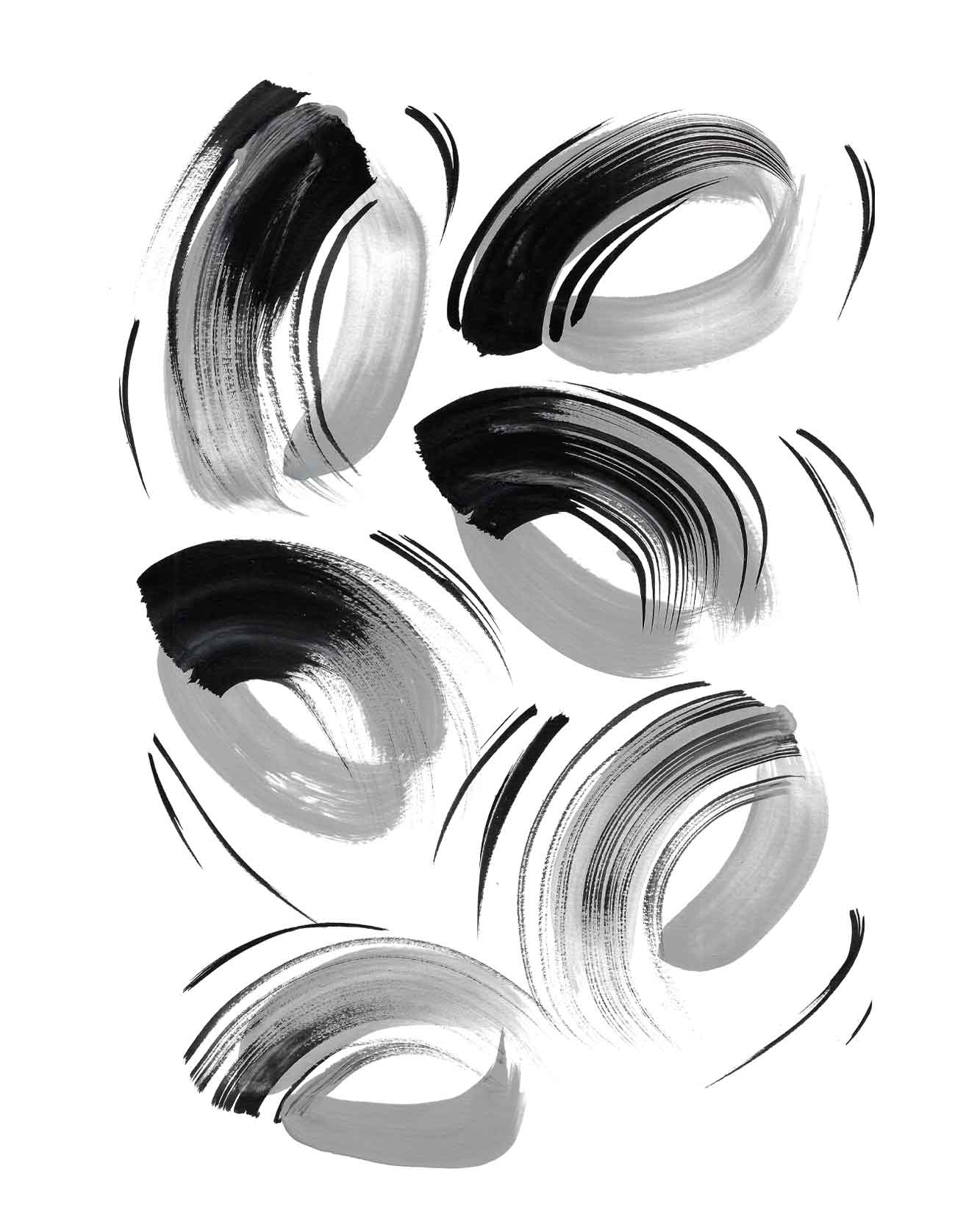 Hand-painted monochrome pattern of bold black and grey looping brushstrokes on white — original gestural artwork by Caroline Tomlinson