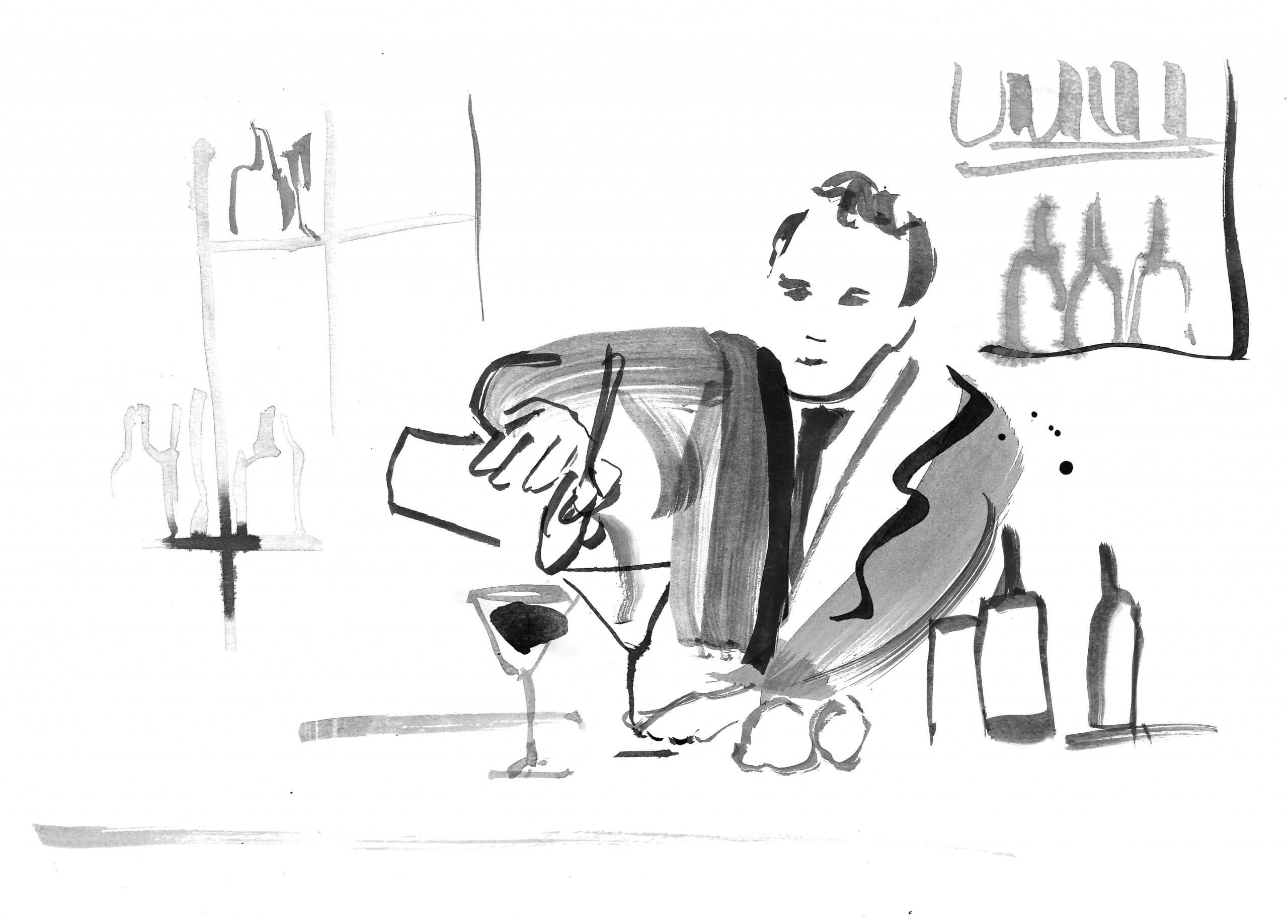 Monochrome ink illustration of a bartender pouring a cocktail, gestural mark-making by Caroline Tomlinson