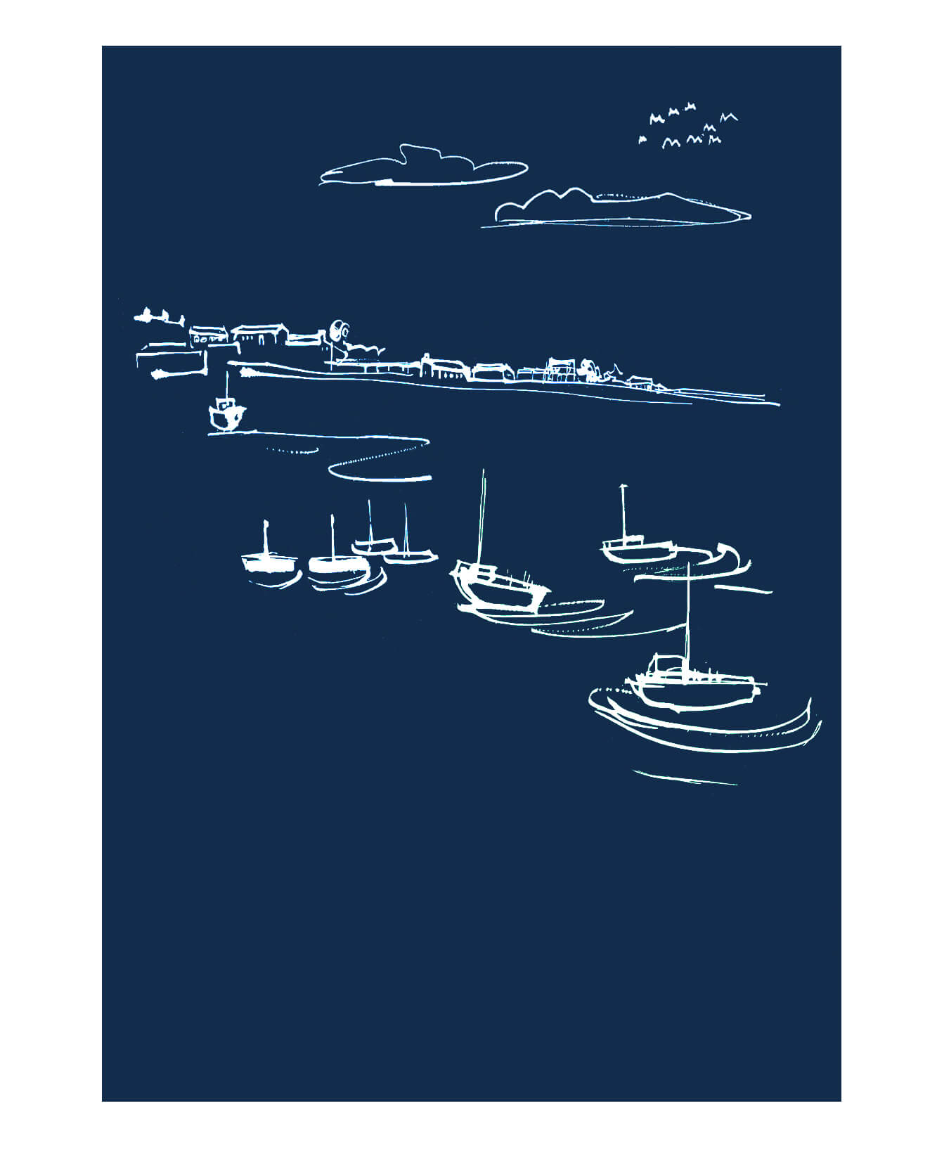 White-line illustration of moored fishing boats in Wick's New Harbour on navy background