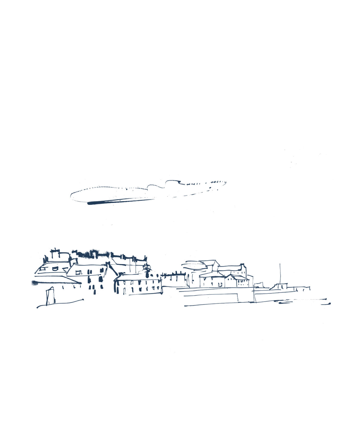 Ink sketch of Wick harbour town skyline with rooftops and chimneys