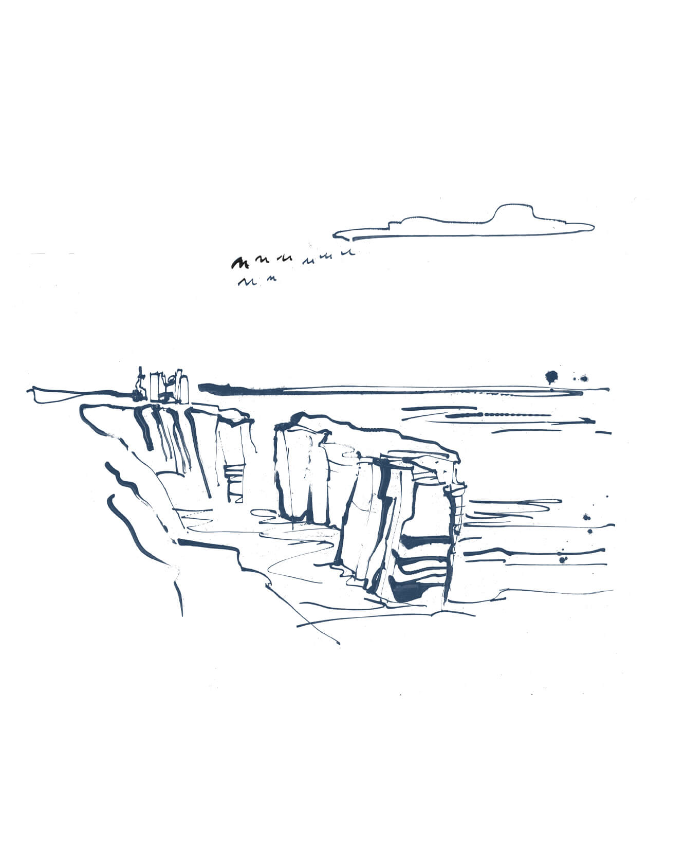 Pen and ink sketch of coastal cliffs and seabirds near Wick, Caithness
