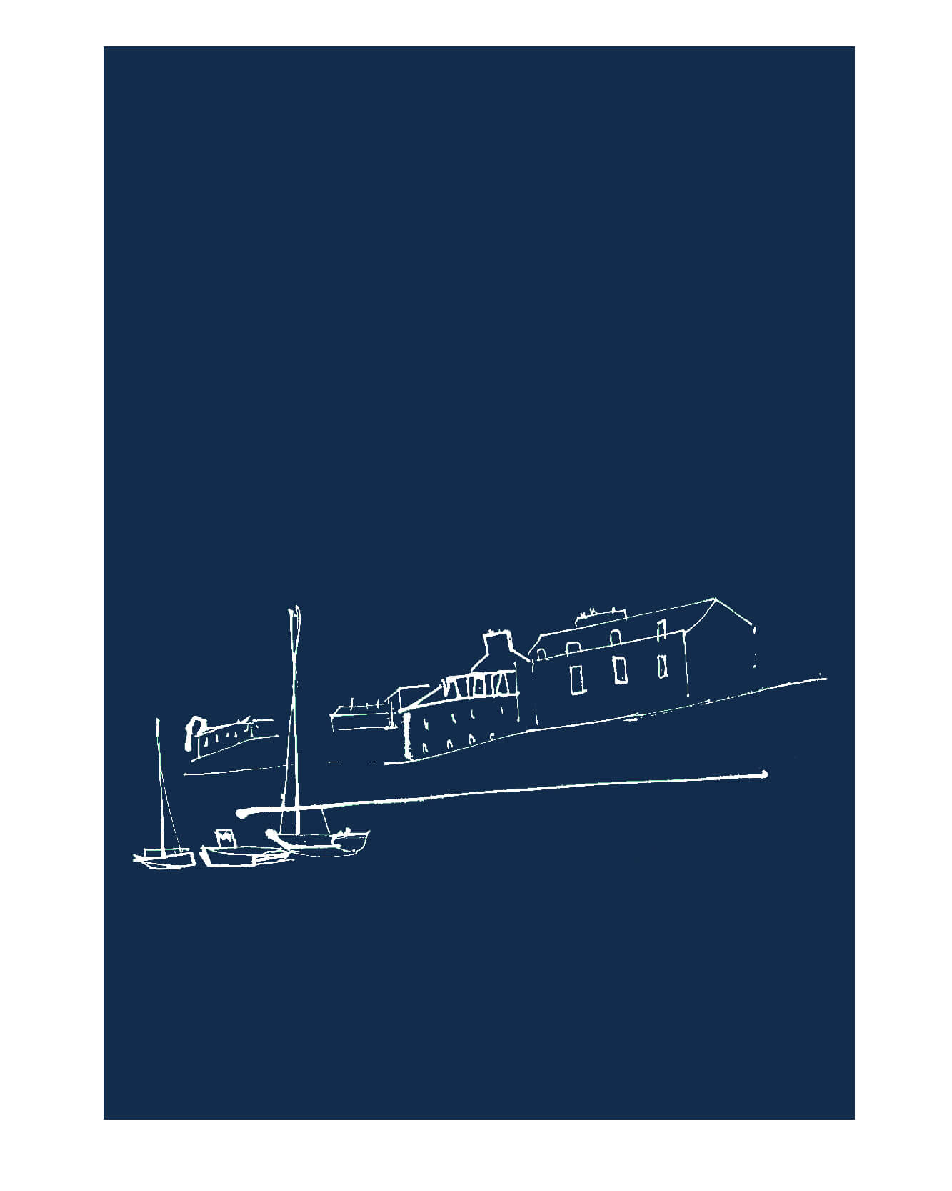White-line illustration of a harbourfront building and moored boats at New Harbour, Wick