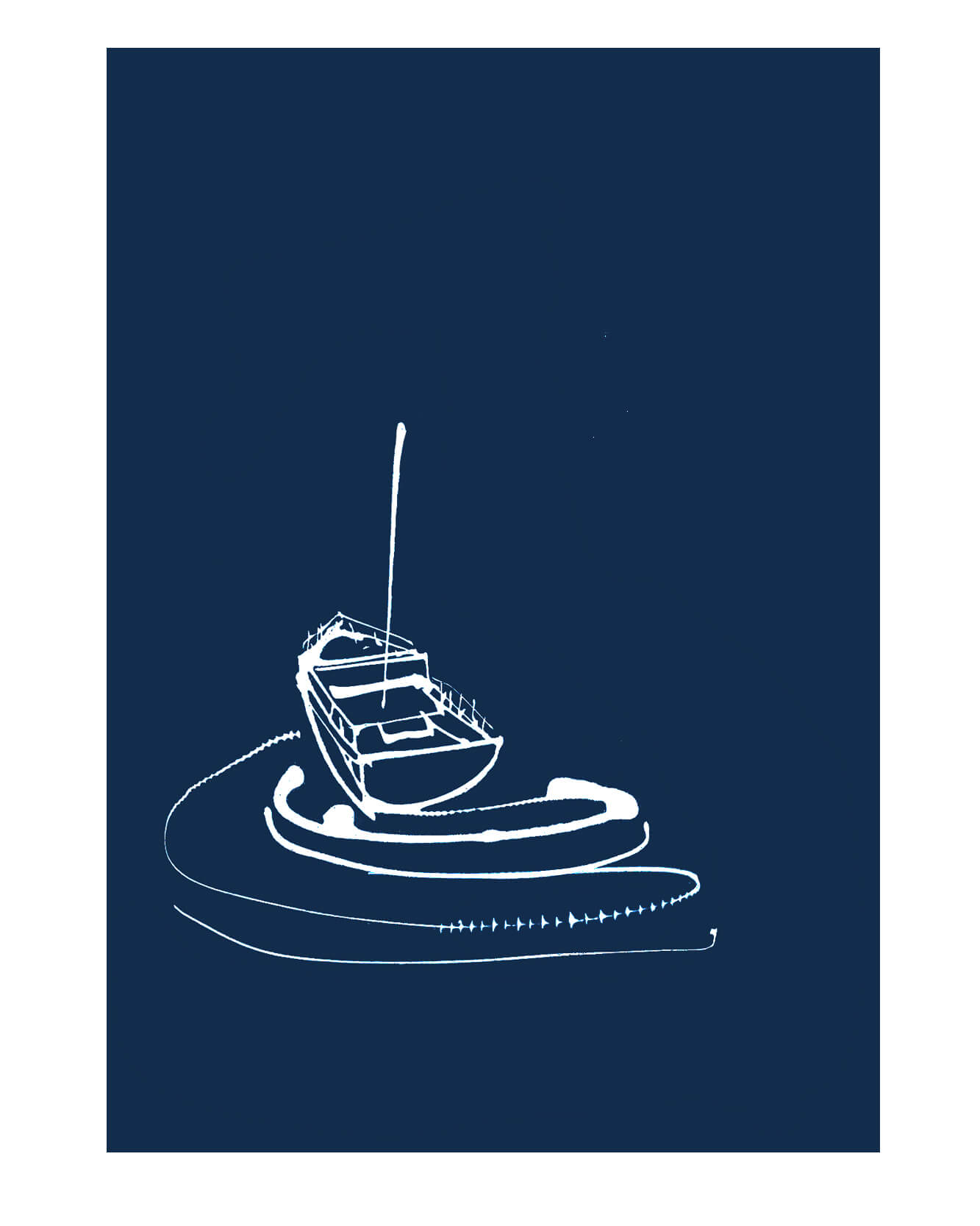 White-line illustration of a single sailing boat moored in New Harbour, Wick, on navy background