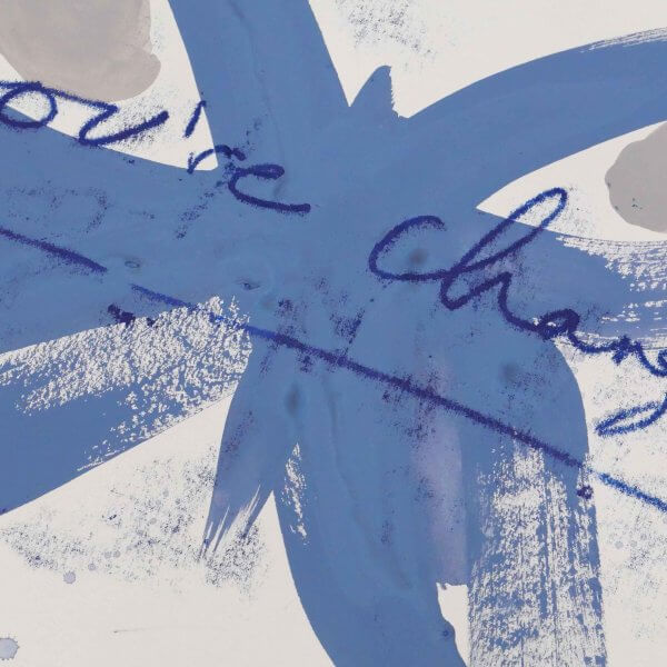 Blue brushstroke butterfly with taupe wing markings and handwritten "you've changed - new chapter" in ultramarine, original art by Caroline Tomlinson
