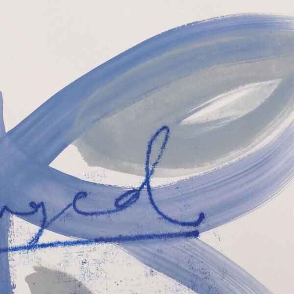 Blue brushstroke butterfly with taupe wing markings and handwritten "you've changed - letting go " in ultramarine, original art by Caroline Tomlinson