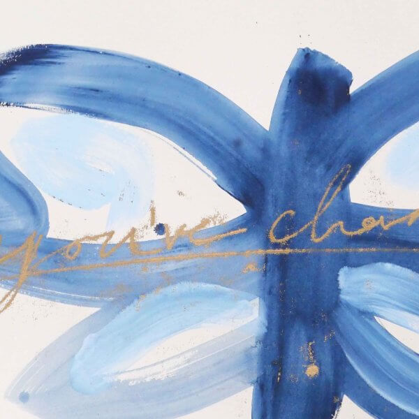 Blue brushstroke butterfly with taupe wing markings and handwritten "you've changed - out of the blue " in ultramarine, original art by Caroline Tomlinson
